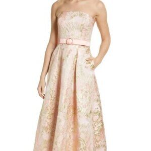 Kay Unger Blush Pink Gold Bella Floral Jacquard High-Low Gown Less Belt